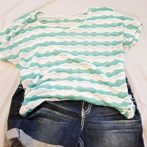 Open Knit Cap Sleeve Aqua and White Striped Top
